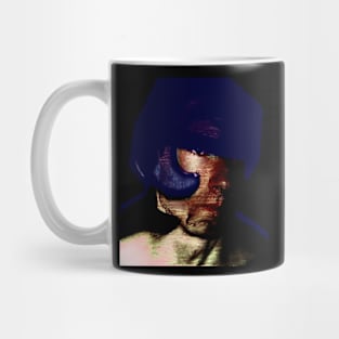 Digital collage, special processing. Strong guy in helmet. Protection, durable. Red and blue. Mug